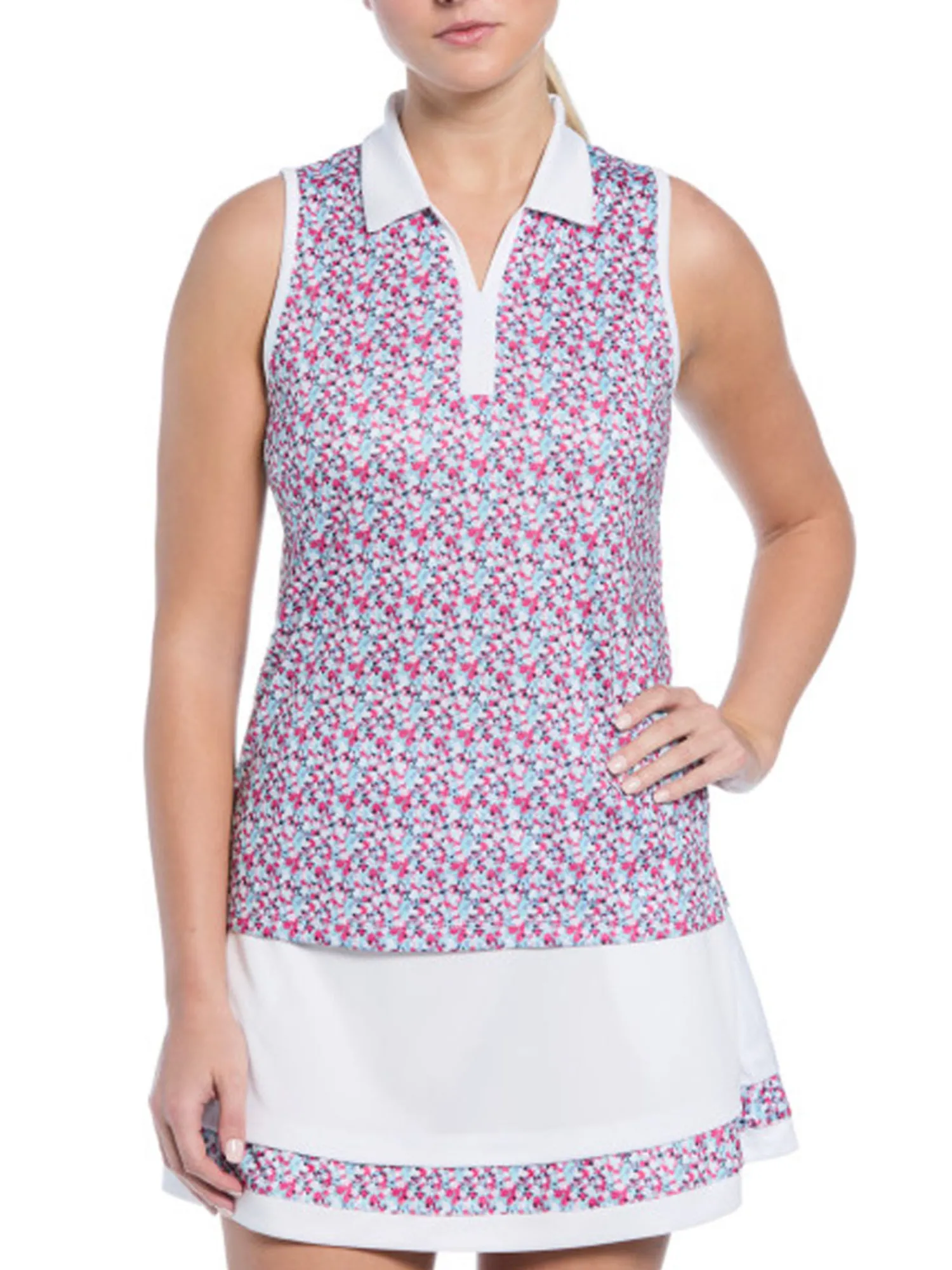 Ben Hogan Shirts|Women's Colour Blocked Mini Floral Print Sleeveless Top - Bright White