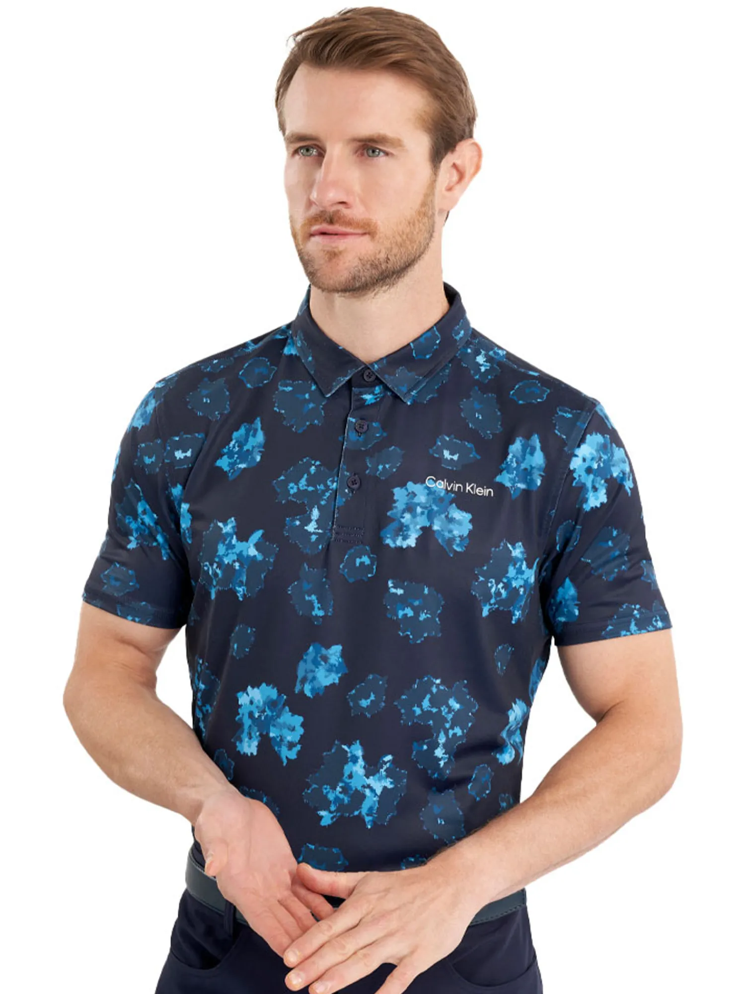 Calvin Klein Shirts|Cyber Floral Print Polo Shirt - Navy