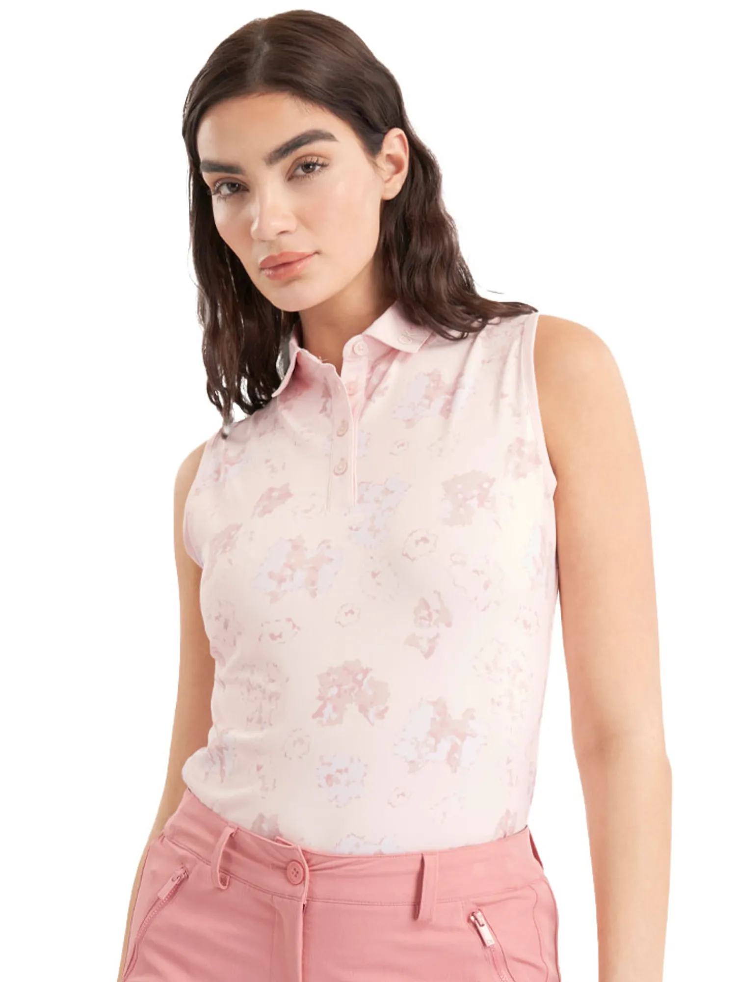 Calvin Klein Shirts|Womens Harmony Printed Sleeveless Polo Shirt - Shell Pink