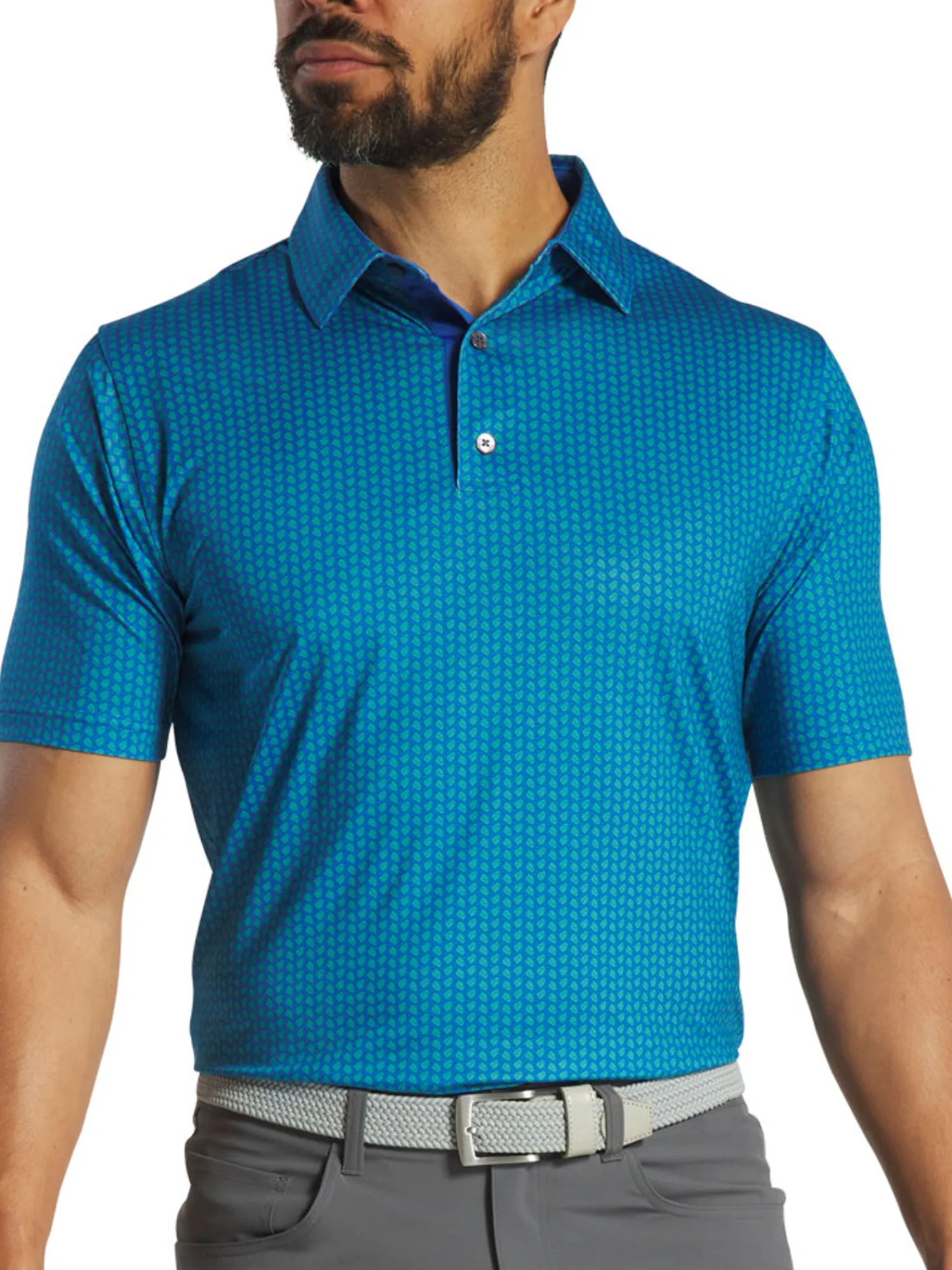 FootJoy Shirts|Leaf Print Lisle Polo Shirt - Emerald/Blue