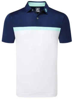FootJoy Clearance Clothing|Lisle Colour Block Golf Shirt (Athletic Fit) - White/Navy/Sea Glass