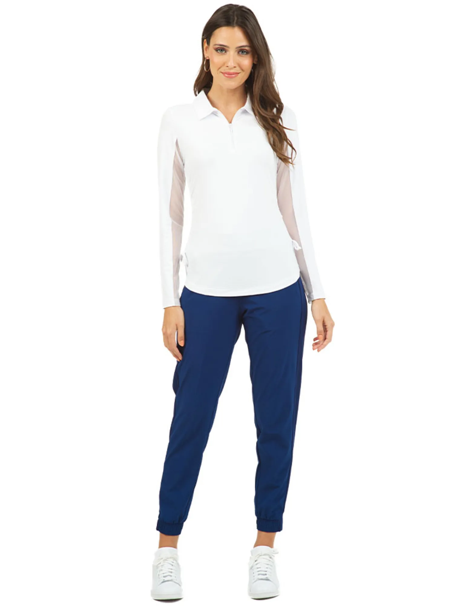 IBKUL Clearance Clothing|Adjustable Long Sleeve Zip Polo - White