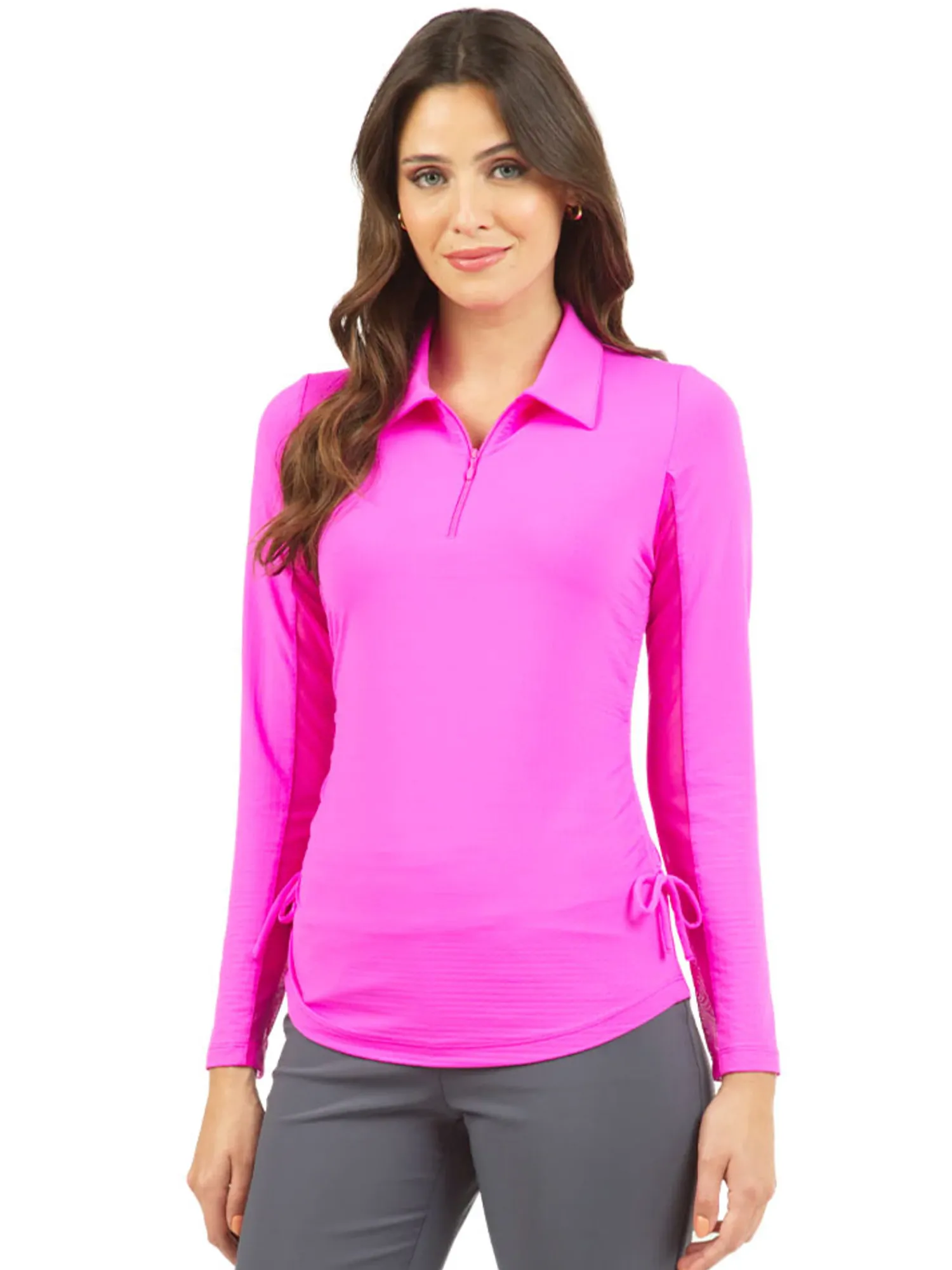 IBKUL Shirts|Adjustable Long Sleeve Zip Polo - Hot Pink