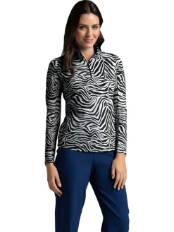 IBKUL Shirts|Cecila Print Long Sleeve Mock Neck Top - Black/White