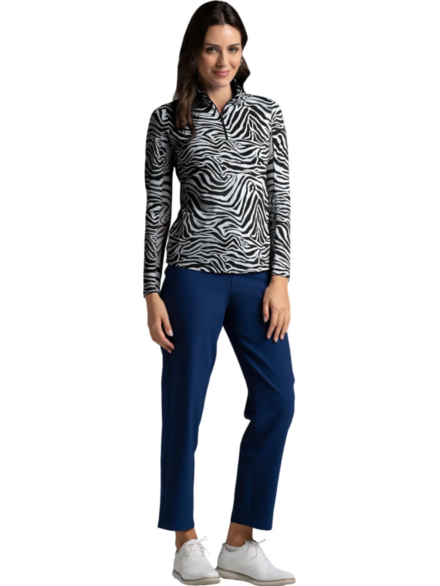 IBKUL Shirts|Cecila Print Long Sleeve Mock Neck Top - Black/White