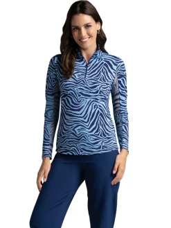 IBKUL Shirts|Cecila Print Long Sleeve Mock Neck Top - Navy/Peri