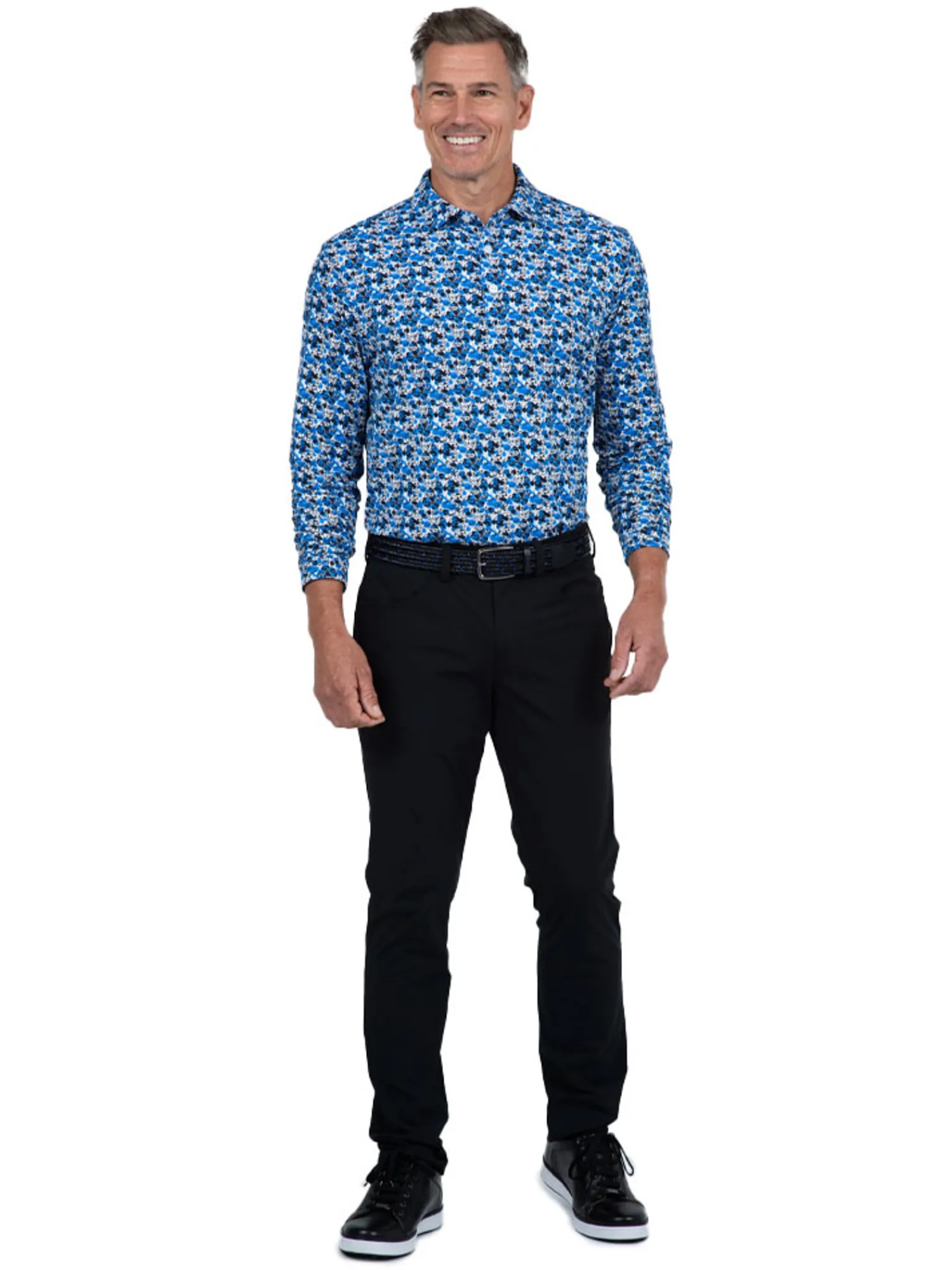 IBKUL Shirts|Chaos Print Long Sleeve Polo - Royal/Black