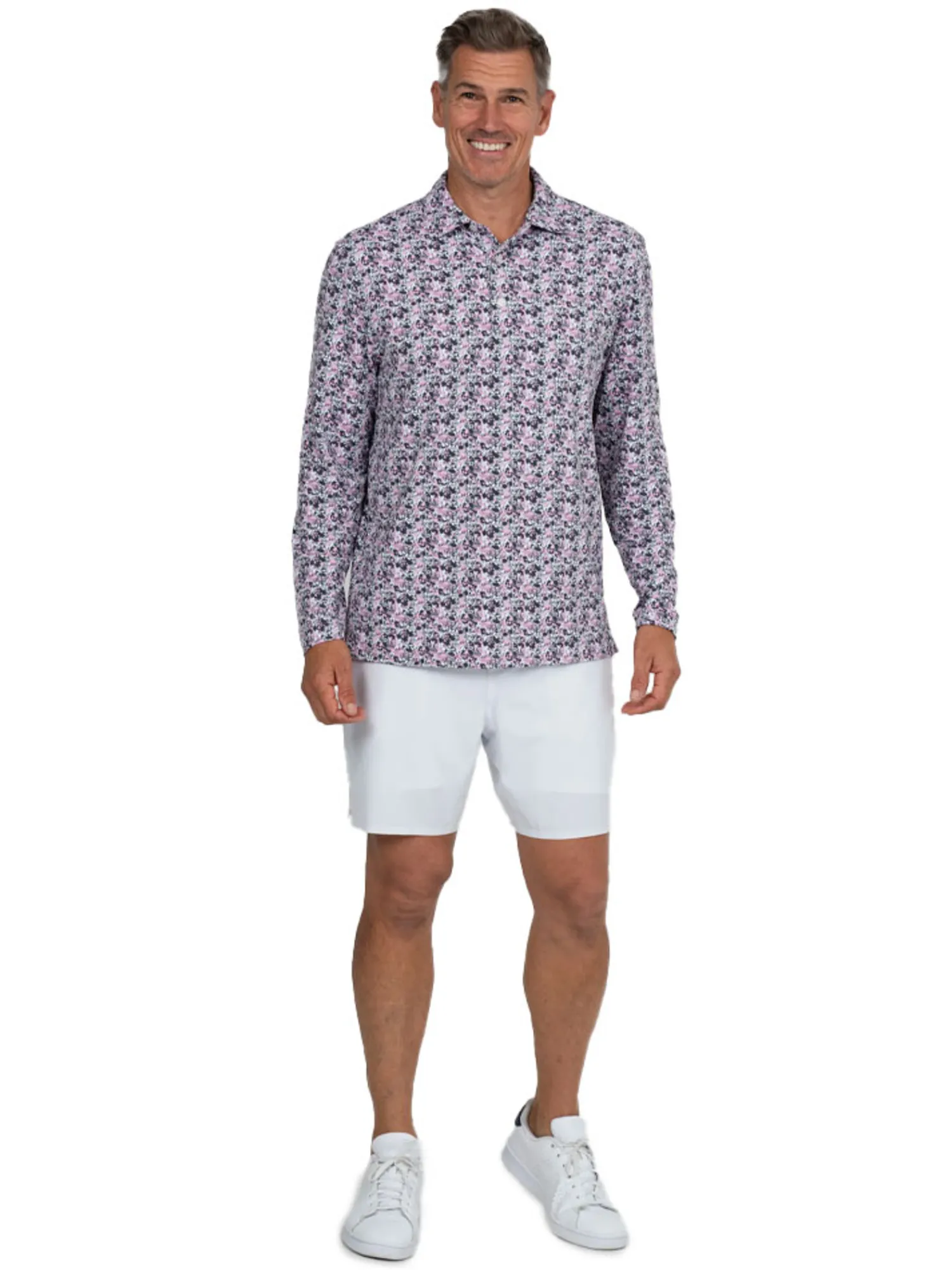 IBKUL Shirts|Chaos Print Long Sleeve Polo - Lt. Pink/Charcoal