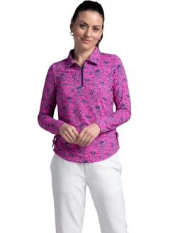 IBKUL Shirts|Diana Print Long Sleeve Zip Polo - Hot Pink/Navy