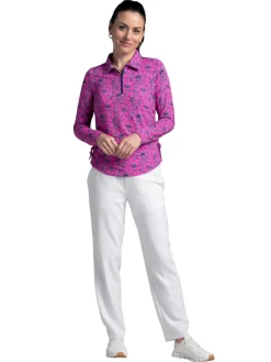 IBKUL Shirts|Diana Print Long Sleeve Zip Polo - Hot Pink/Navy