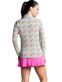 IBKUL Shirts|Game On Print Long Sleeve Mock Neck Top - Raspberry/Turquoise