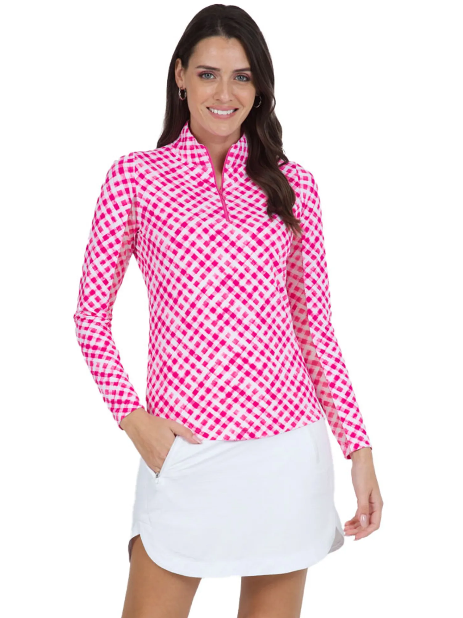IBKUL Shirts|Gingham Check Long Sleeve Mock Neck Top - Hot Pink/White