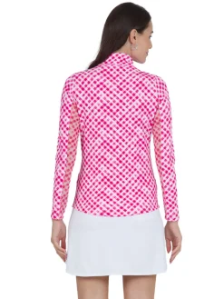 IBKUL Shirts|Gingham Check Long Sleeve Mock Neck Top - Hot Pink/White