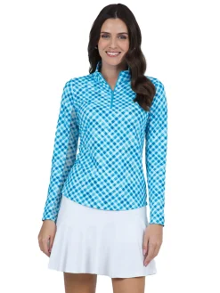IBKUL Shirts|Gingham Check Long Sleeve Mock Neck Top - Turquoise/White