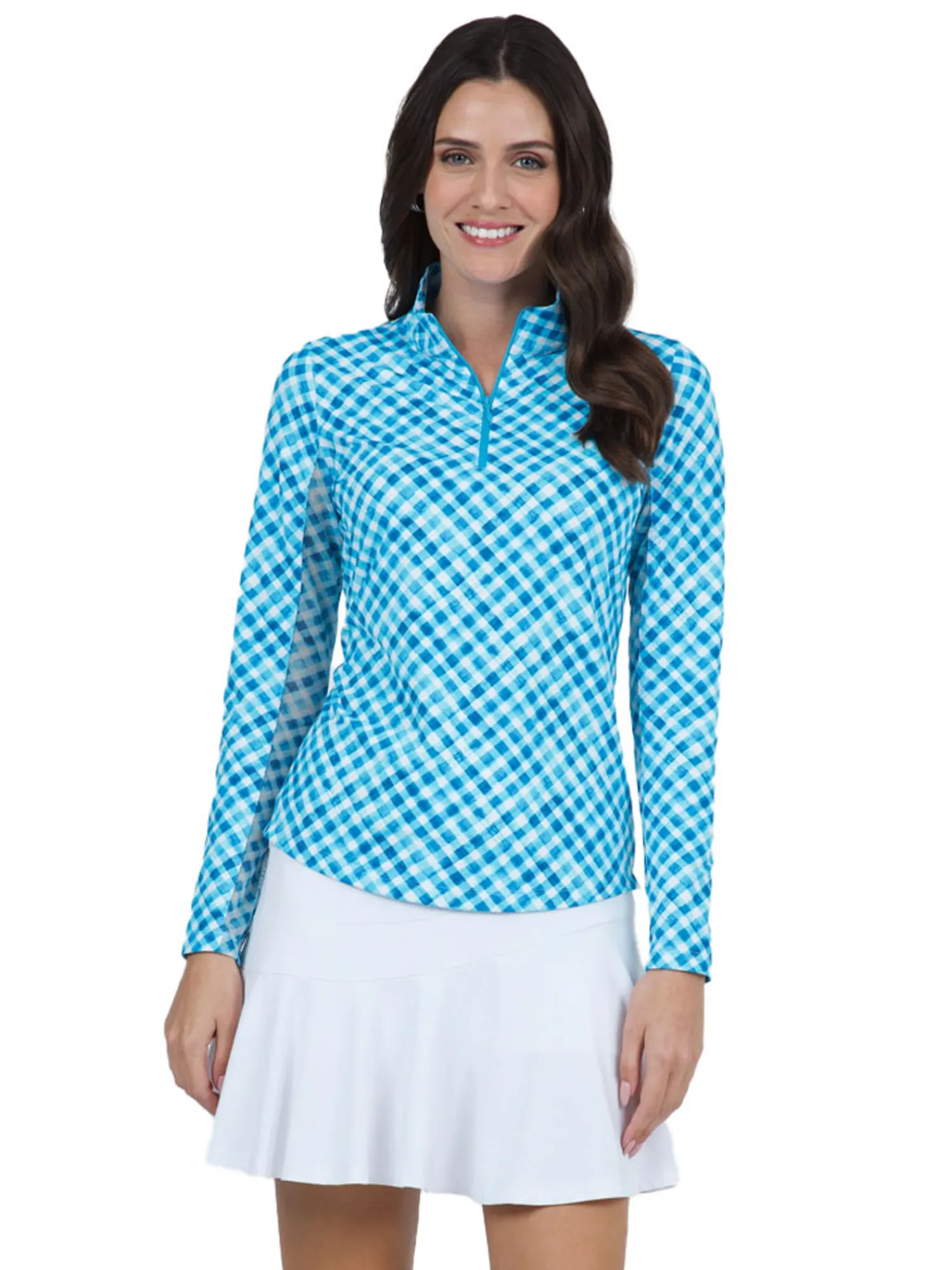 IBKUL Shirts|Gingham Check Long Sleeve Mock Neck Top - Turquoise/White