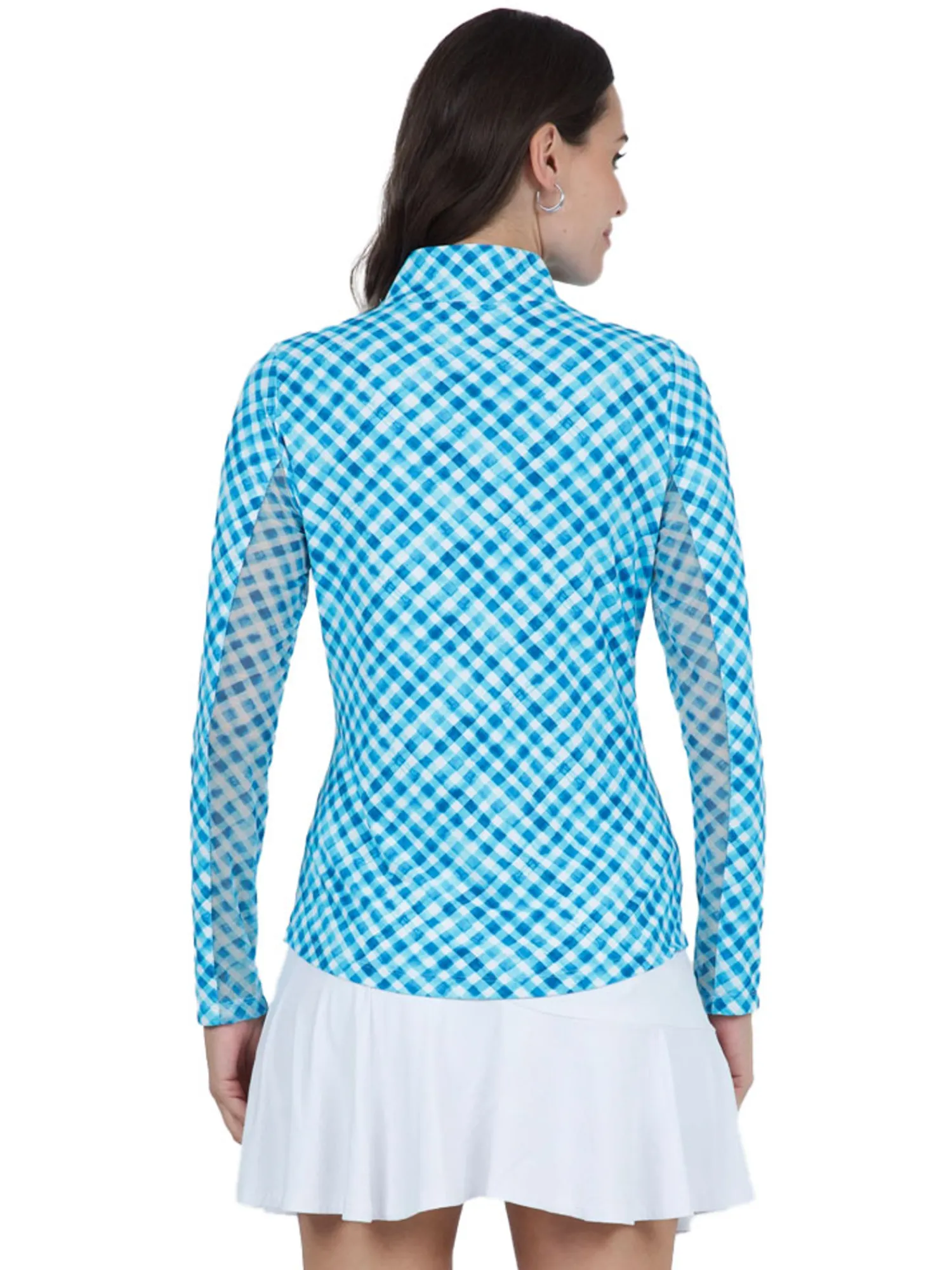 IBKUL Shirts|Gingham Check Long Sleeve Mock Neck Top - Turquoise/White