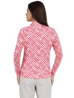 IBKUL Shirts|Gingham Check Long Sleeve Mock Neck Top - Red/White