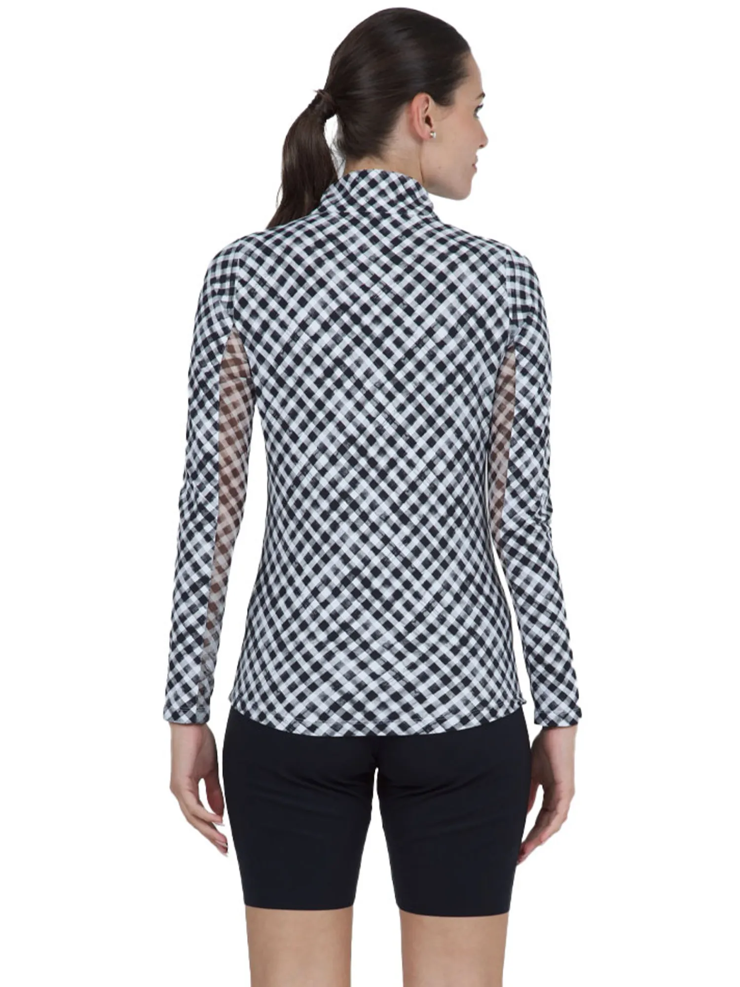 IBKUL Shirts|Gingham Check Long Sleeve Mock Neck Top - Black/White