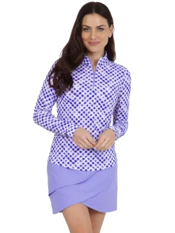 IBKUL Shirts|Gingham Check Long Sleeve Mock Neck Top - Lavender/White