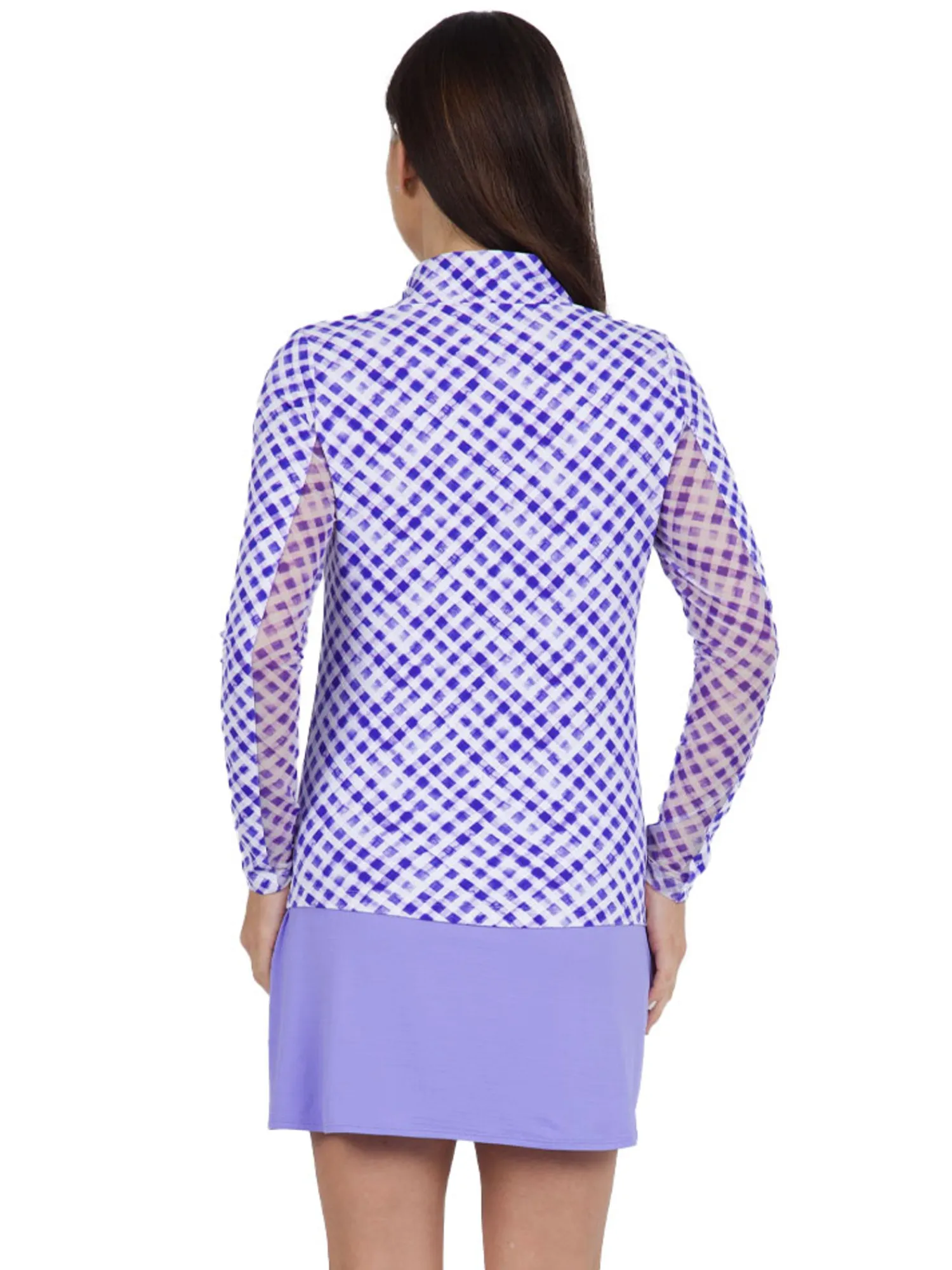 IBKUL Shirts|Gingham Check Long Sleeve Mock Neck Top - Lavender/White