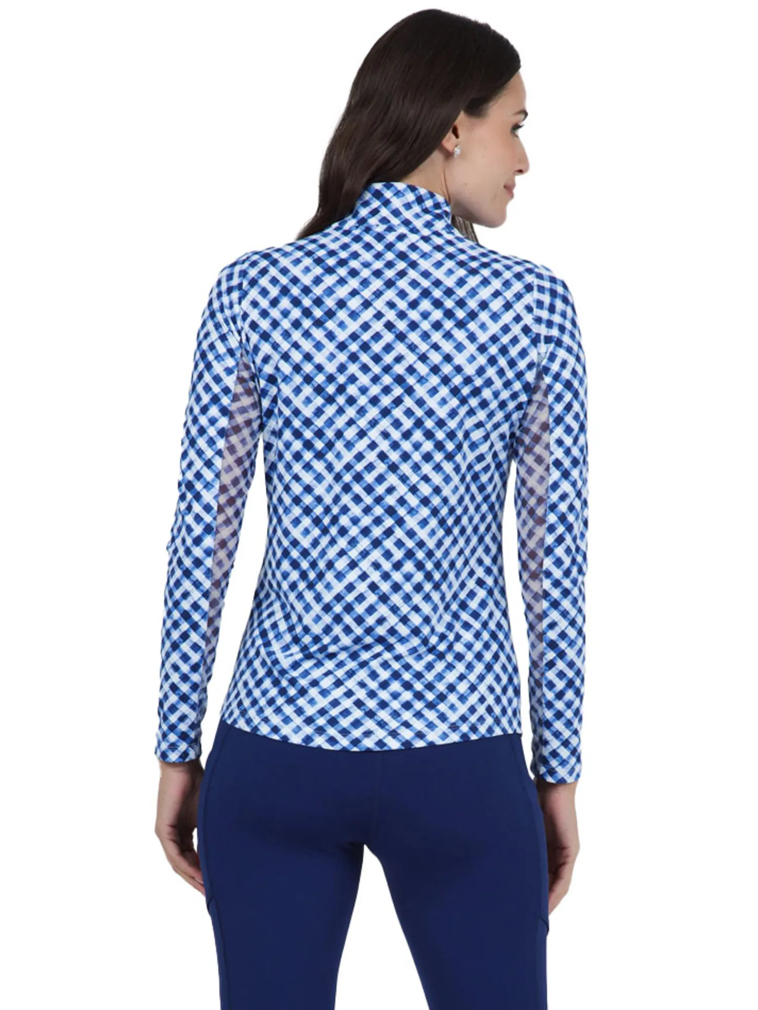 IBKUL Shirts|Gingham Check Long Sleeve Mock Neck Top - Navy/White