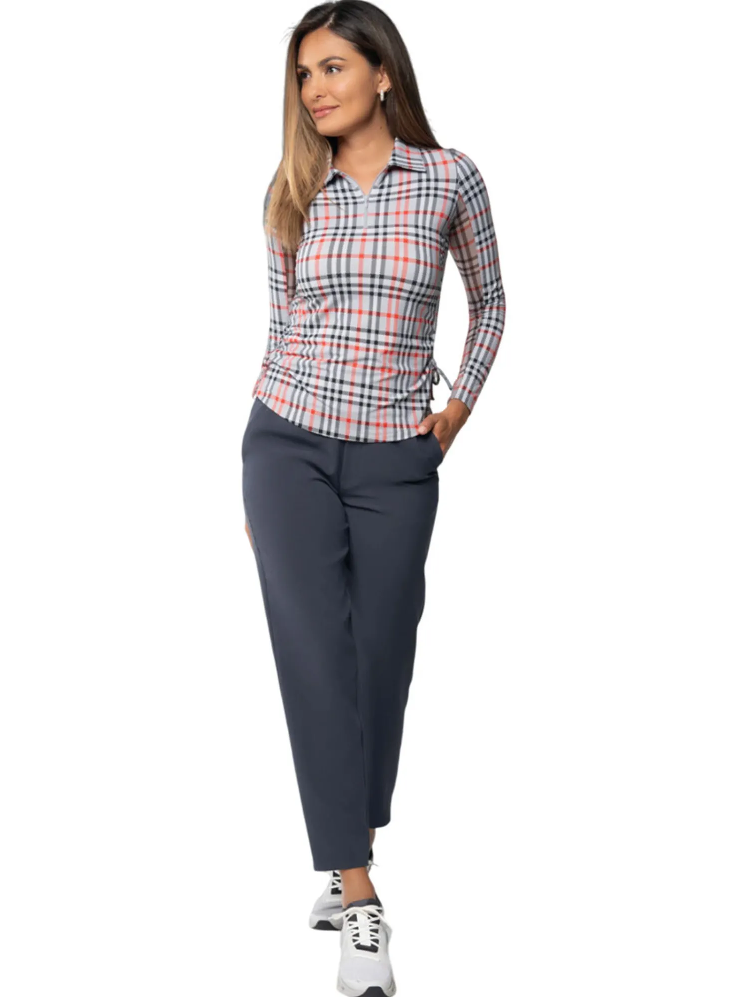 IBKUL Shirts|Judith Print Long Sleeve Zip Polo - Grey/Red