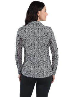 IBKUL Shirts|Leslie Print Long Sleeve Zip Polo - Black/White