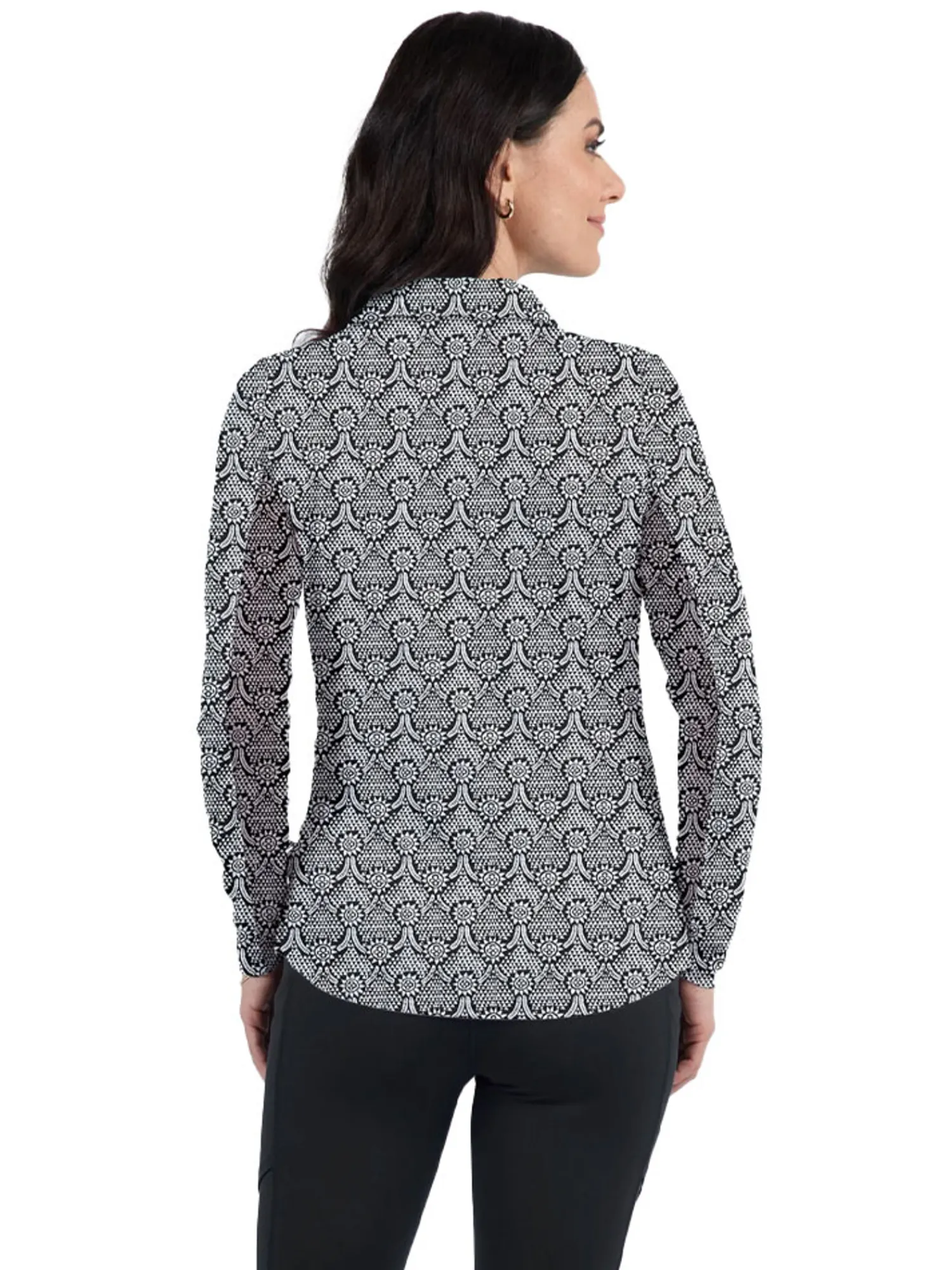 IBKUL Shirts|Leslie Print Long Sleeve Zip Polo - Black/White