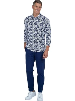 IBKUL Shirts|Palm Leaf Print Long Sleeve Polo - White/Ink
