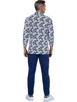 IBKUL Shirts|Palm Leaf Print Long Sleeve Polo - White/Ink