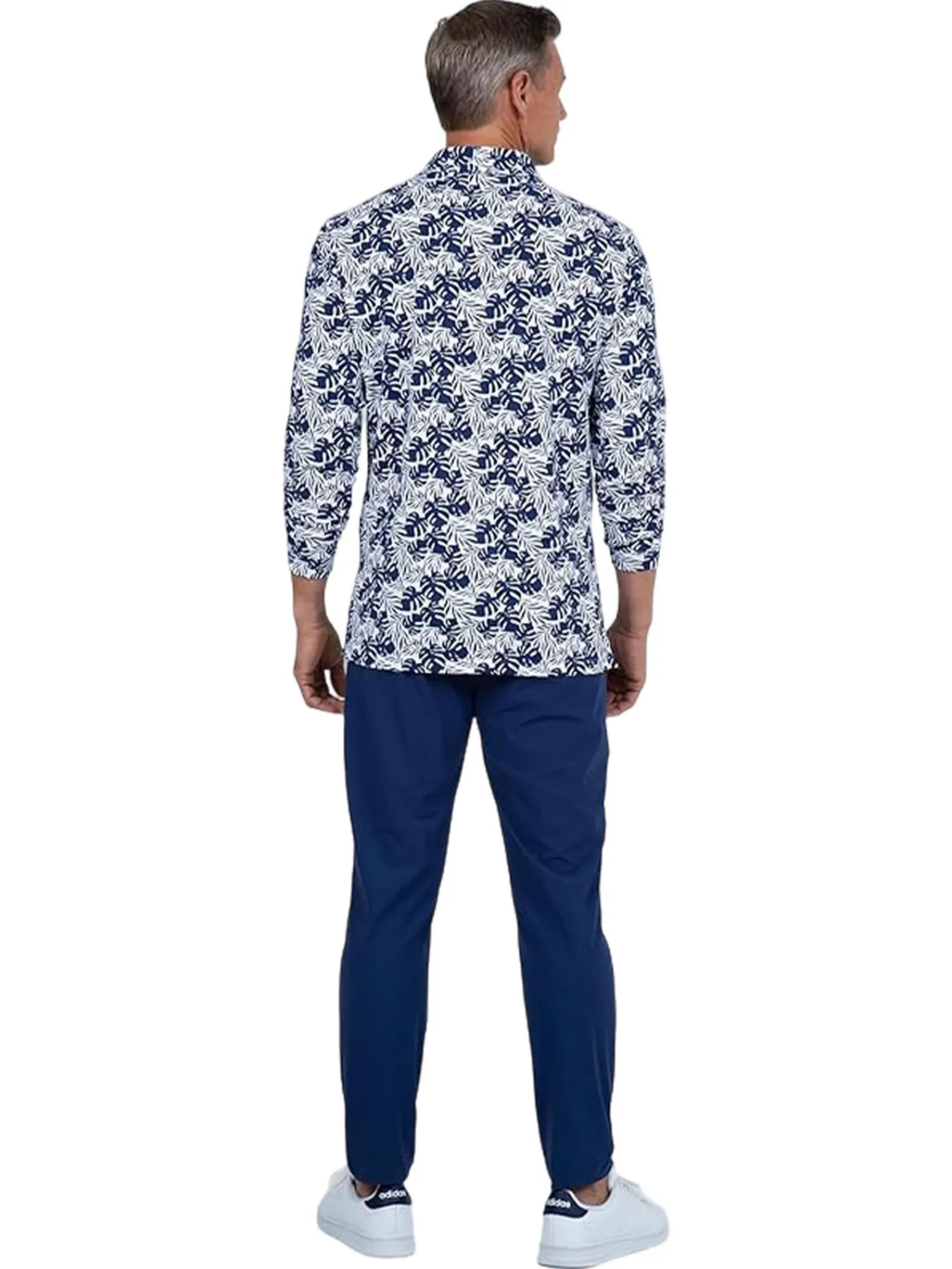 IBKUL Shirts|Palm Leaf Print Long Sleeve Polo - White/Ink