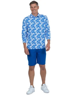 IBKUL Shirts|Palm Leaf Print Long Sleeve Polo - White/Royal