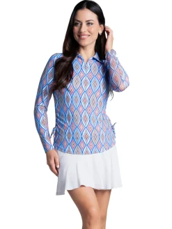IBKUL Shirts|Romina Print Long Sleeve Zip Polo - Blue Multi